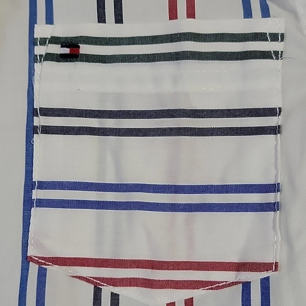 Tommy Hilfiger Boys Snow‎ White Multi Color Striped Button Down Shirt Size S 8